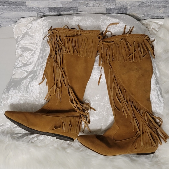 Sam Edelman Utah Suede Tan Brown Fringe Bohemian Booties - Picture 3 of 8